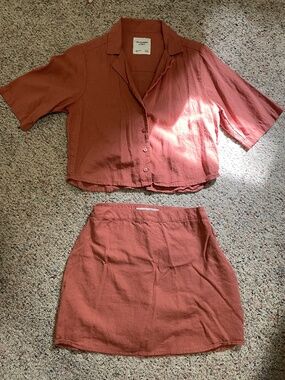 Abercrombie & Fitch Linen Set High Waist Skort and Button Down Crop Top Size XS